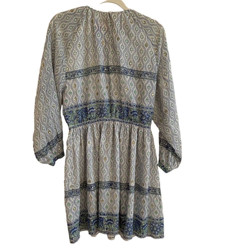 Boho Mini Dress Blue Green Print Sz M - Picture 8 of 11